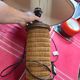 Pretty wicker and wood lamp with gray shade