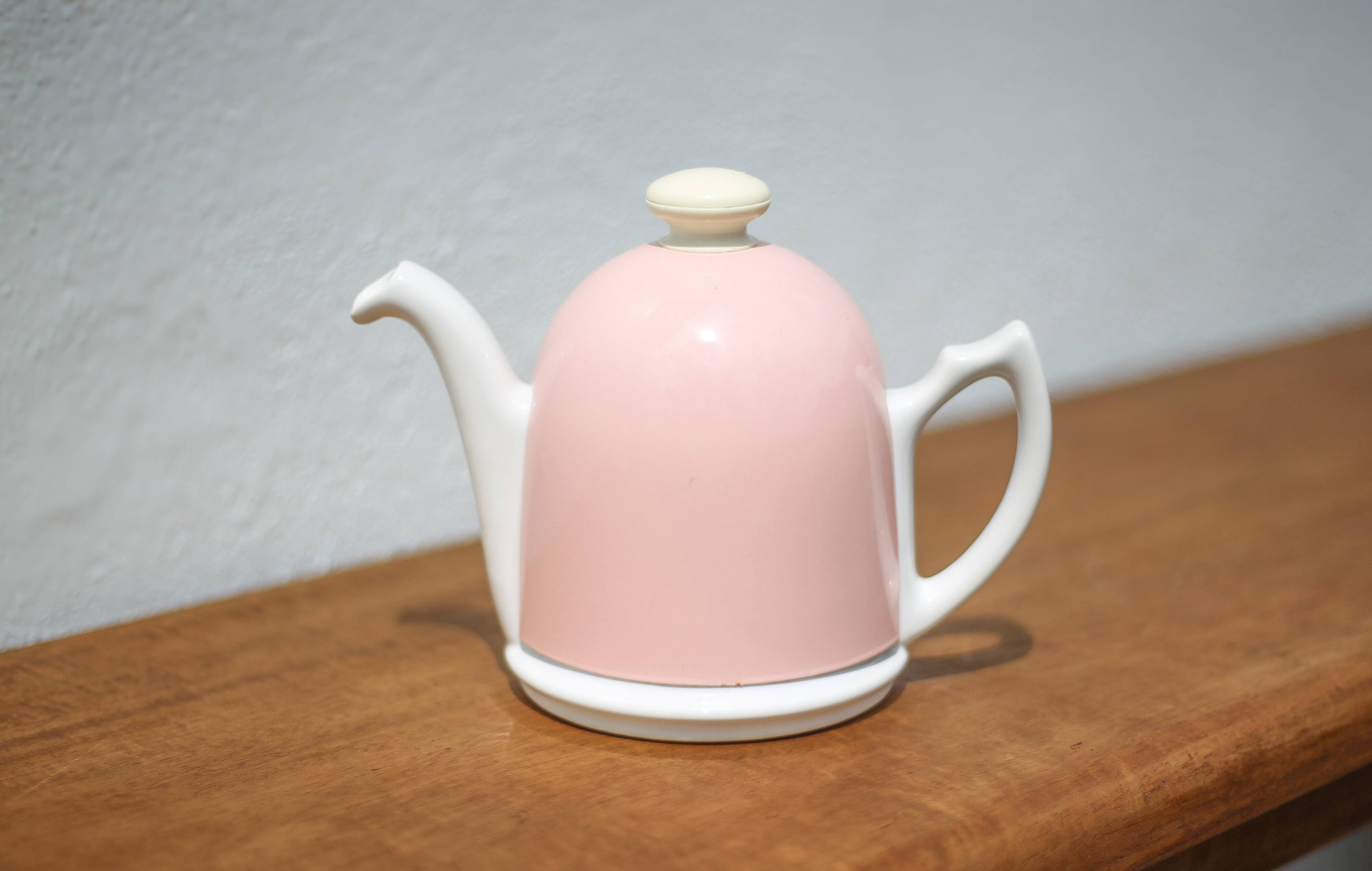 Vintage teapot, porcelain teapot and metal hat, teapot, kettle, infusion, kitchen