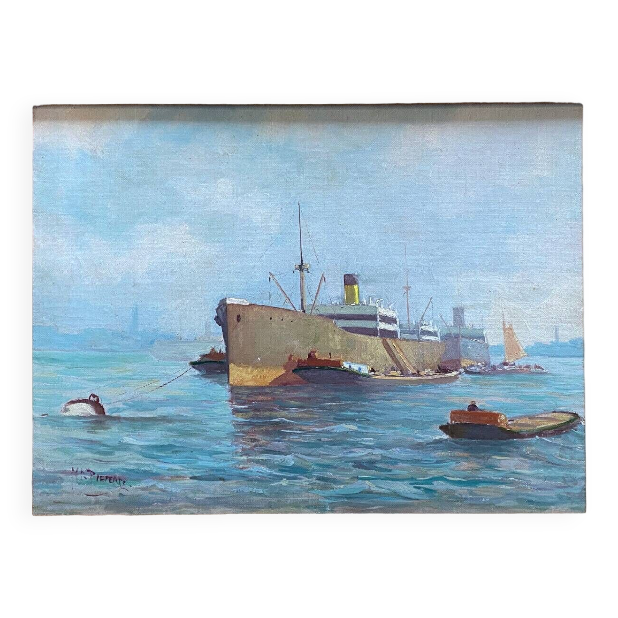 HSP Marine Orientalist port boat signed around 1950 + frame