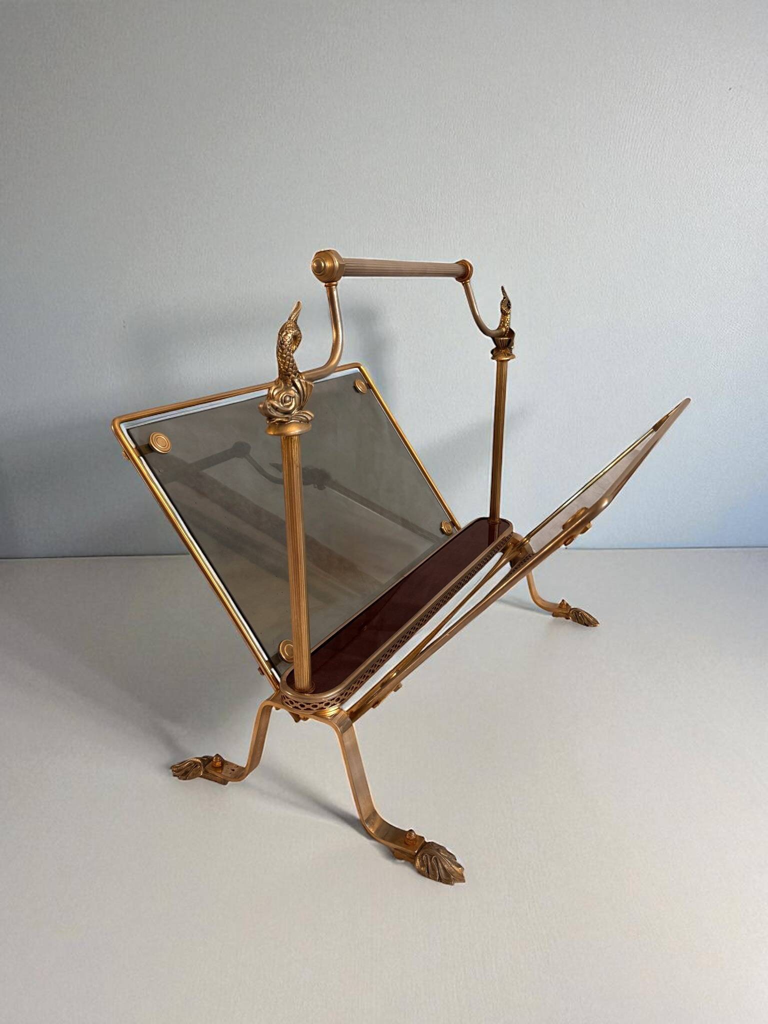 Magazine rack in brass and smoked glass, Maison Jansen style, 1950s