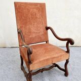 Large vintage "sheep bone" armchair, Louis XIII style, walnut