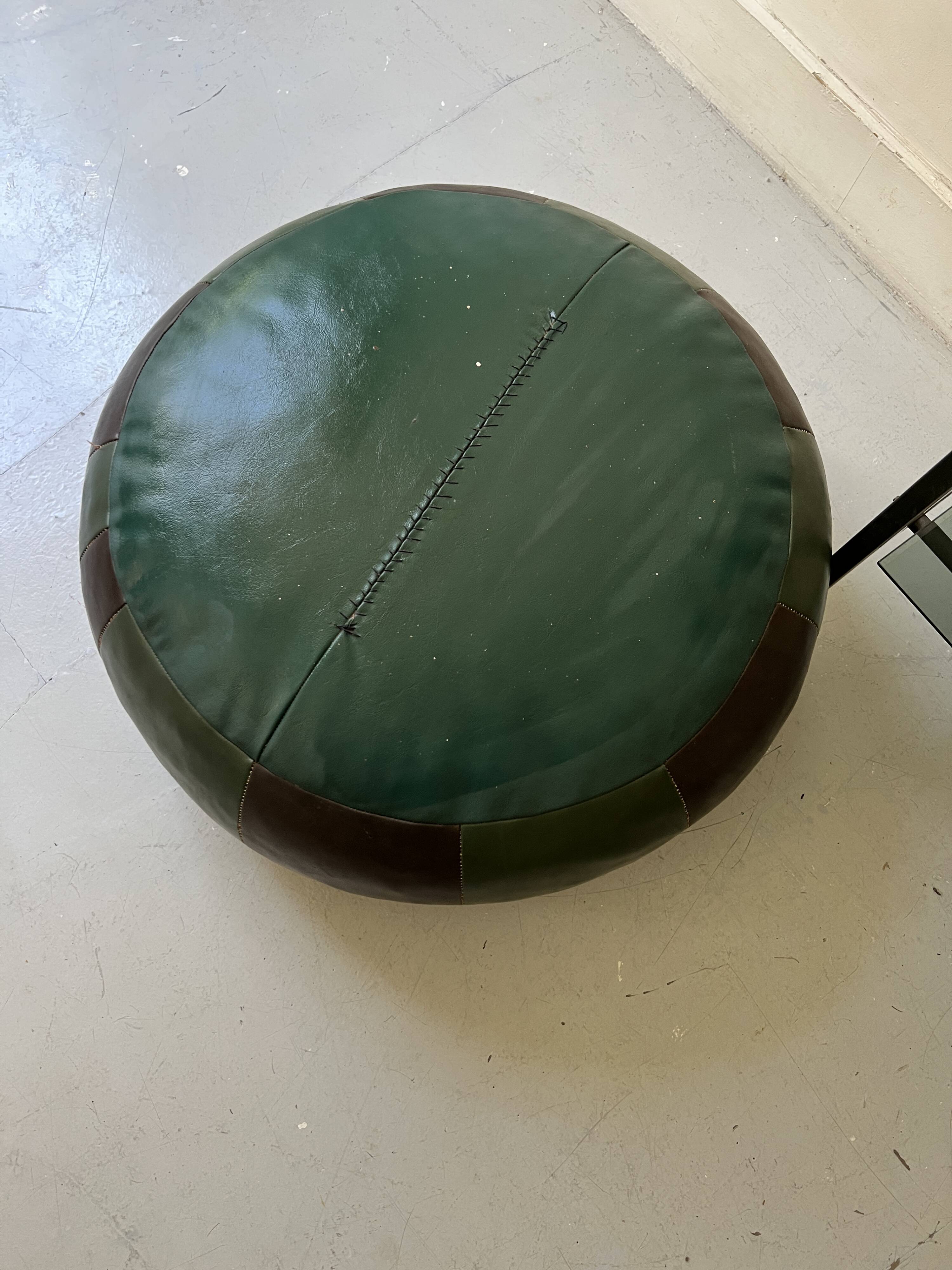 round pouf in genuine green and brown patchwork leather, 1970