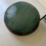 pouf rond en cuir véritable patchwork vert et marron, 1970