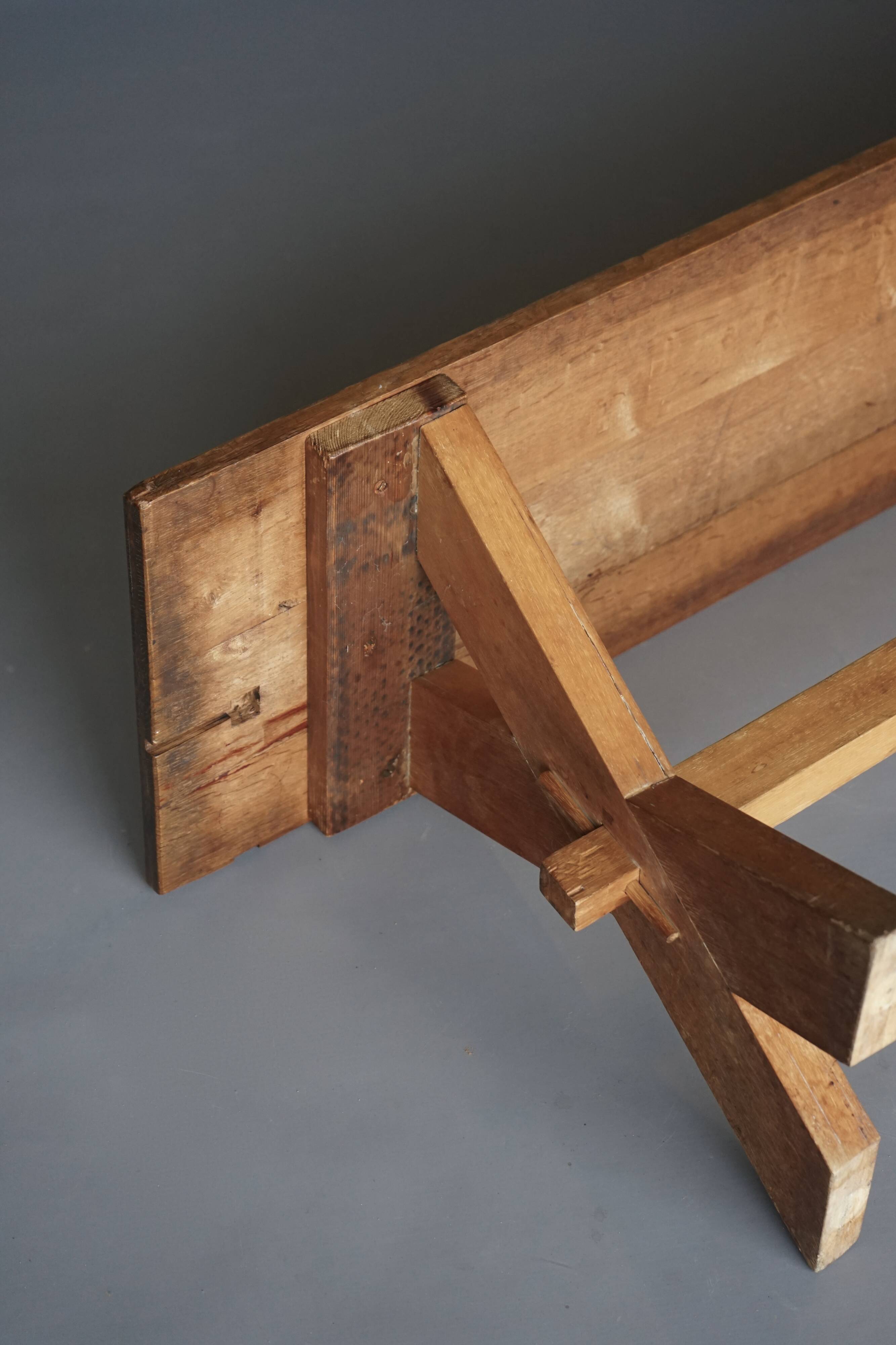 Pair of rustic cherry & oak wood Farmhouse X-frame benches, 1940s