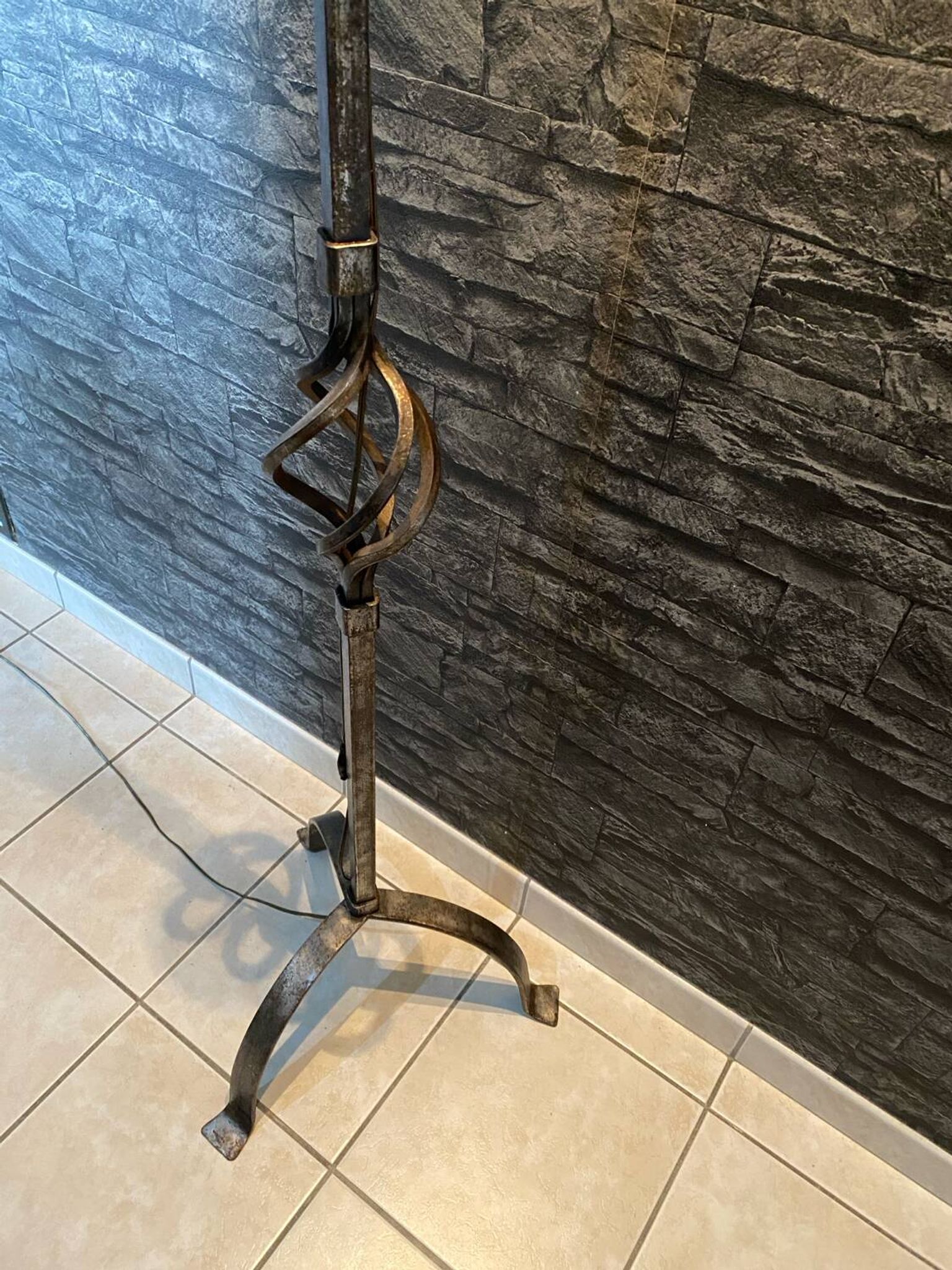 Brutalist tripod floor lamp in wrought iron
