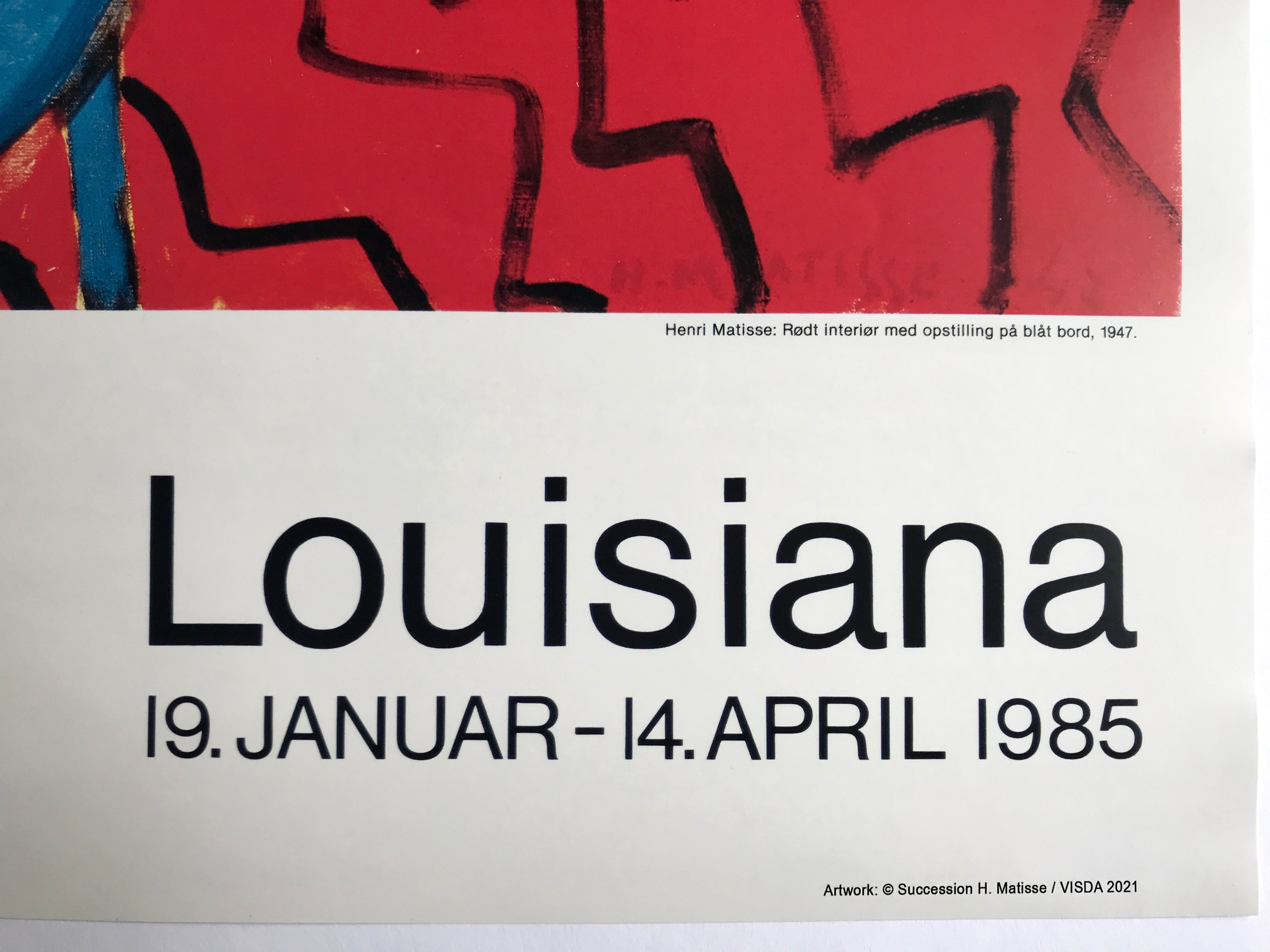 Original poster exhibition henri matisse, red interior, still life on blue table, 1947-1985