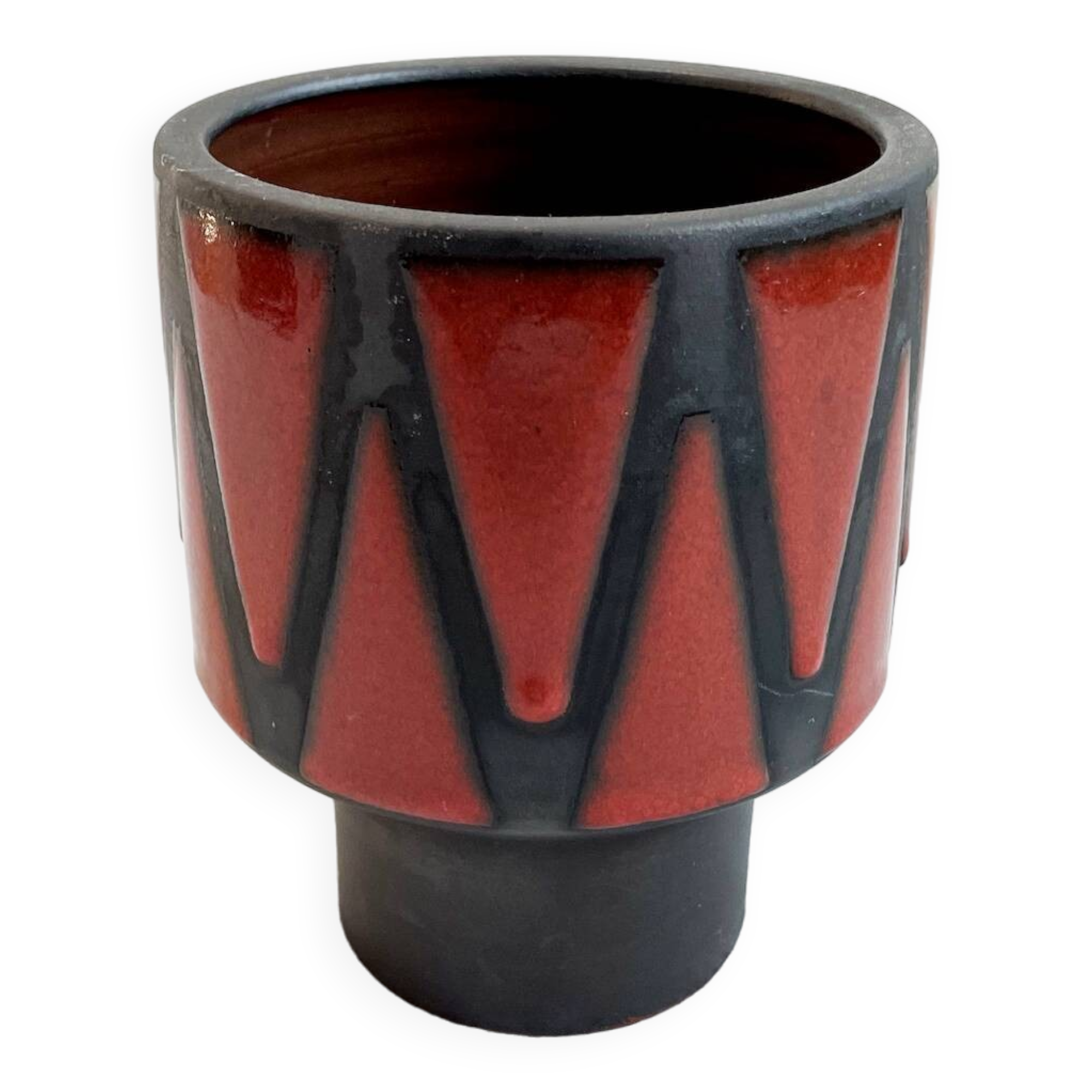Wendelin Stahl 655-20 Red Brown Vase with Zig Zag Motif, German Studio Pottery with Red Triangles