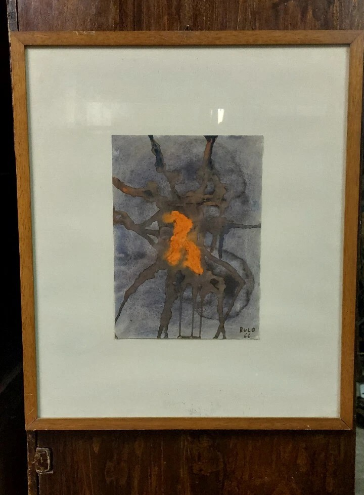 Abstract painting rulo 1966 mixed media paper frame