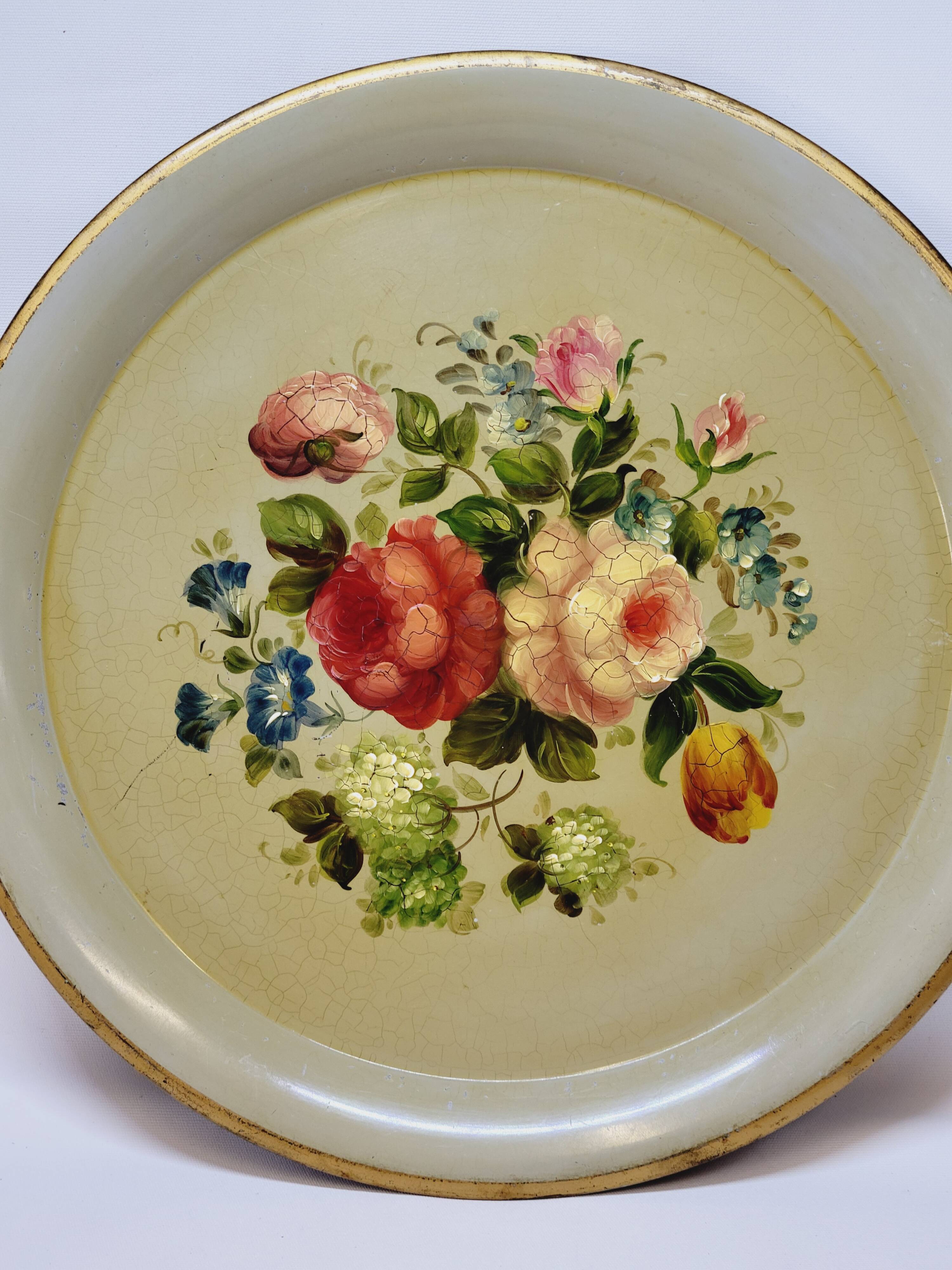 Napoleon III Painted Sheet Metal Tray Painted Metal Floral Decor Diameter 44.5