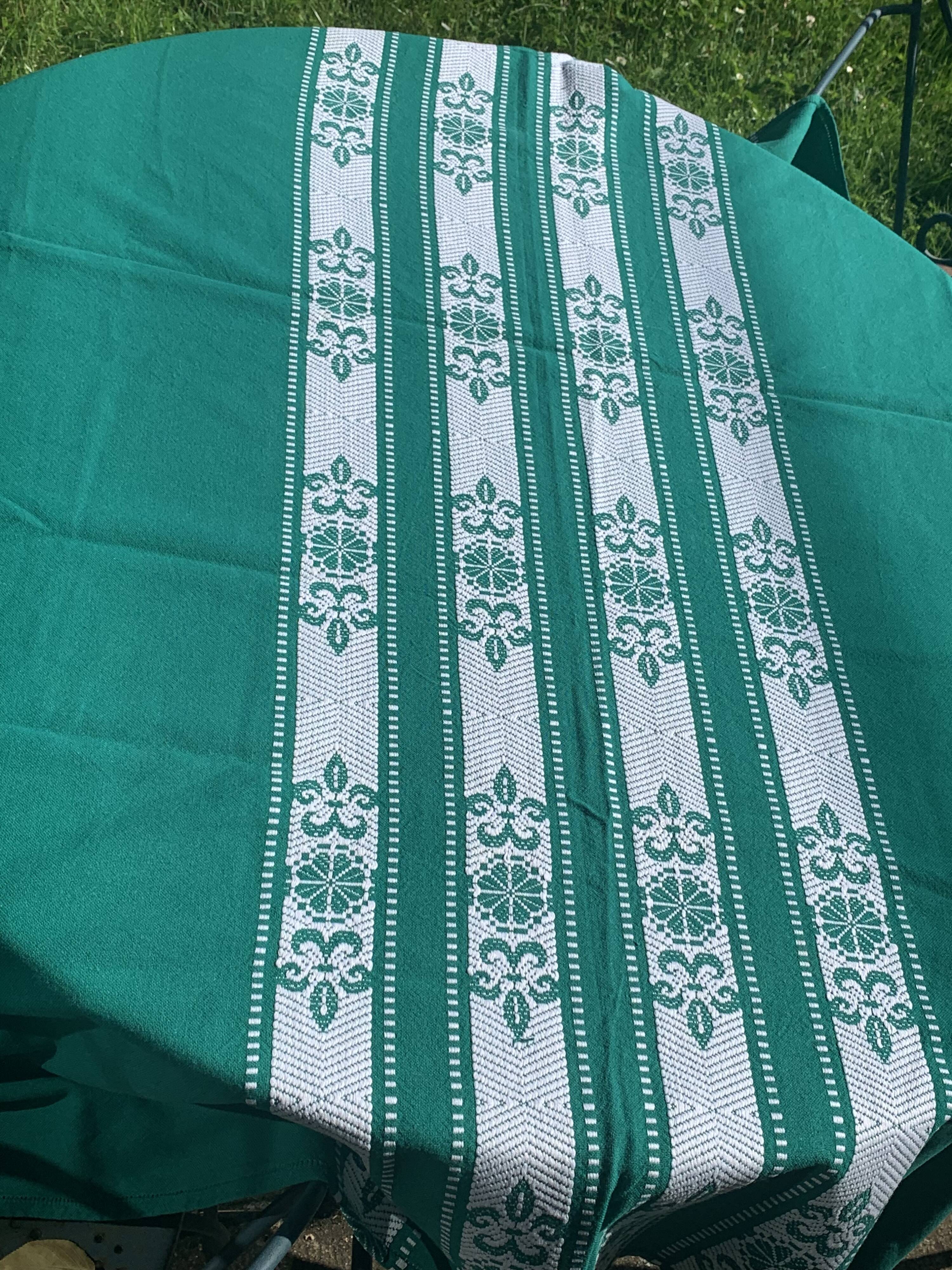 Helena Biarritz tablecloth, made in France, Basque linen, green with white embroidery, Vintage