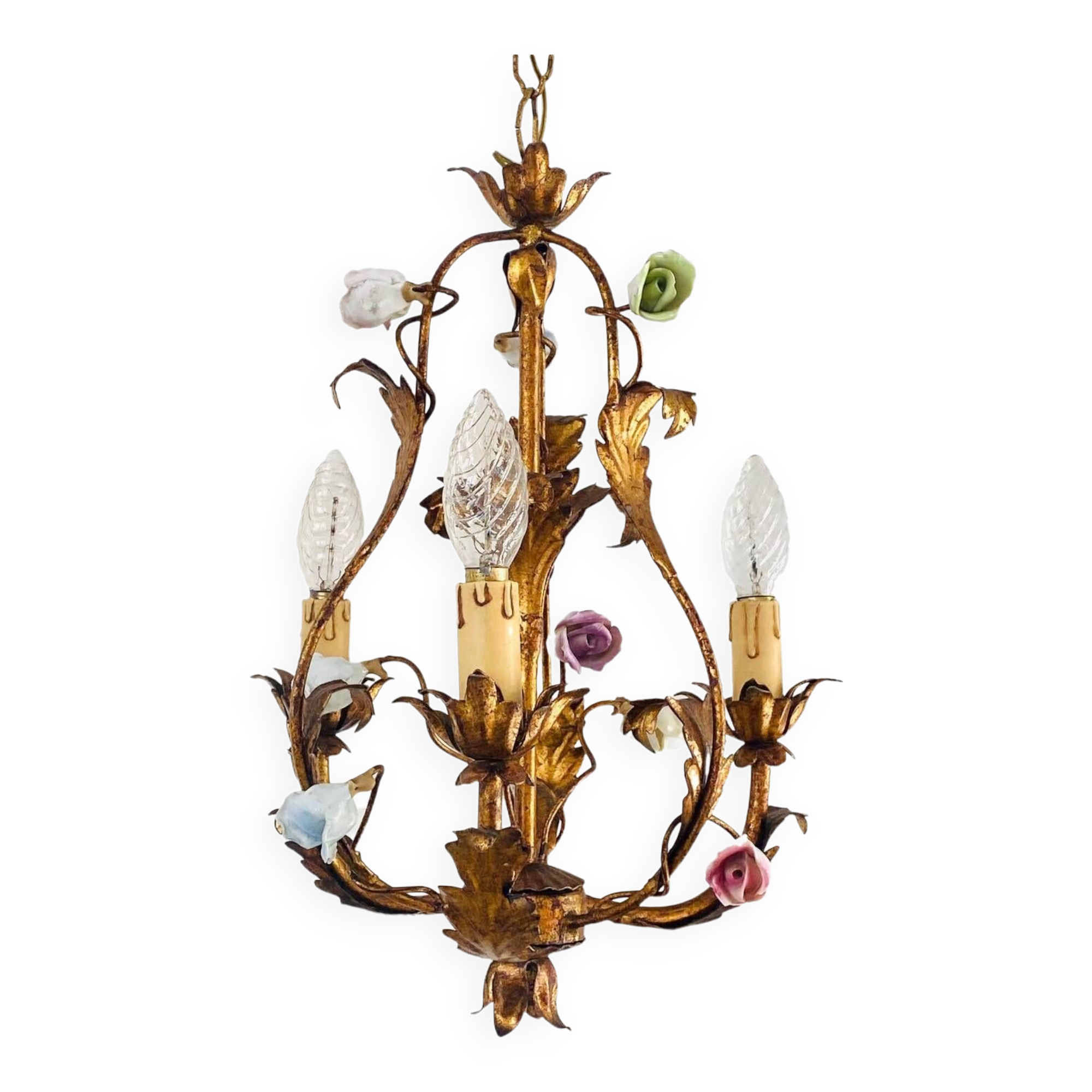 Vintage Italian Roses Porcelain Chandelier Gold Gilded Baroque Rococco 1950s