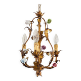 Vintage Italian Roses Porcelain Chandelier Gold Gilded Baroque Rococco 1950s