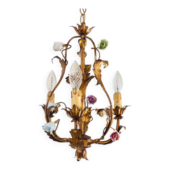 Vintage Italian Roses Porcelain Chandelier Gold Gilded Baroque Rococco 1950s