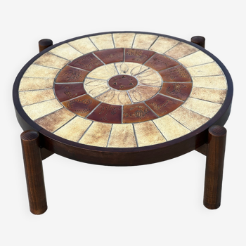Vintage Zodiac coffee table in ceramic and oak, 1960s