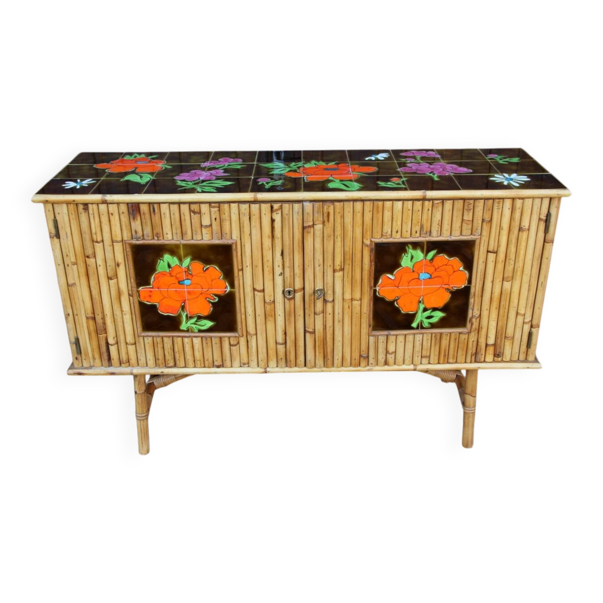 Vintage bamboo and rattan sideboard in the style of Audoux Minet.
