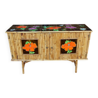 Enfilade vintage en bambou et rotin dans le goût Audoux Minet