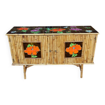 Enfilade vintage en bambou et rotin dans le goût Audoux Minet