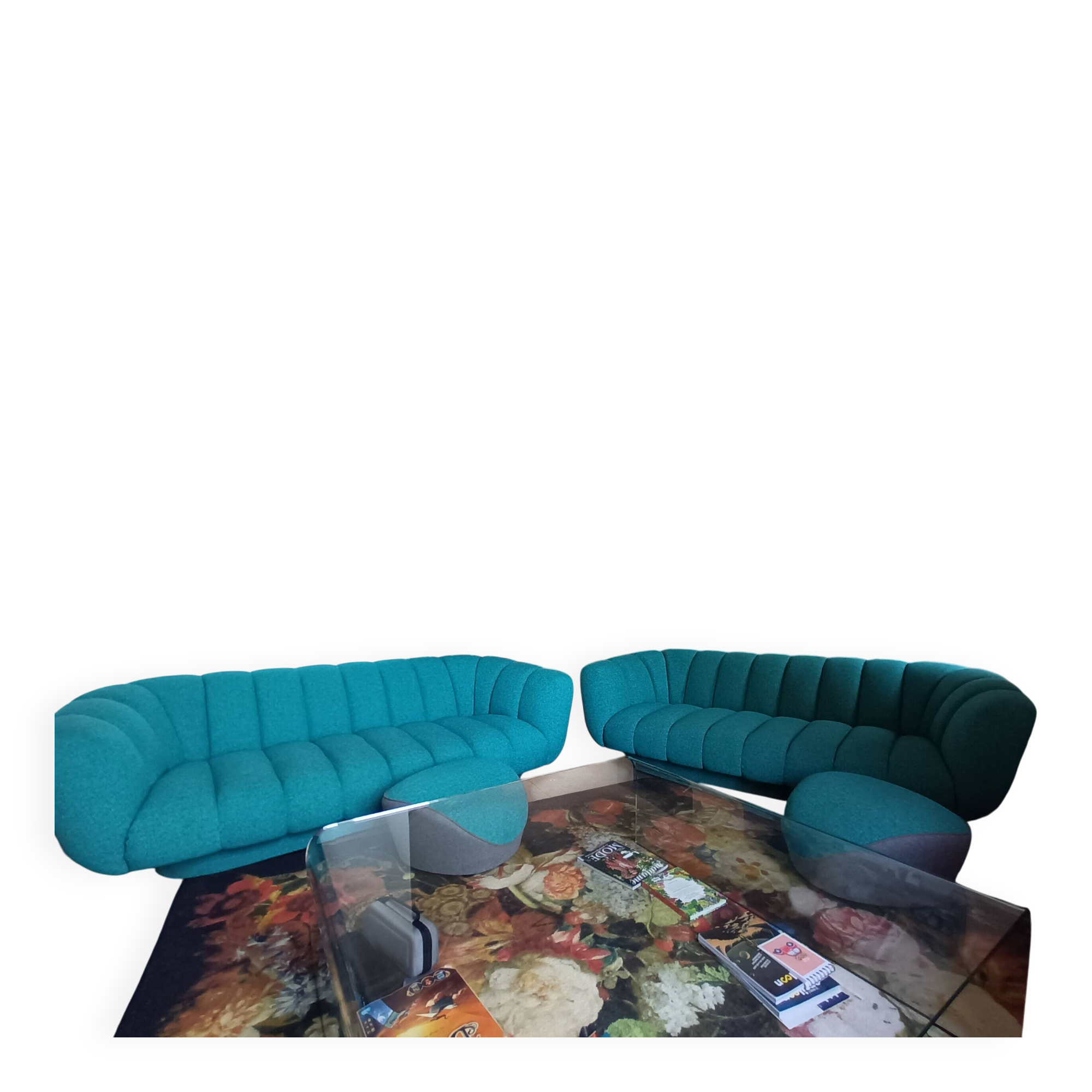 Set of 2 sofas and 2 poufs by Roche Bobois.