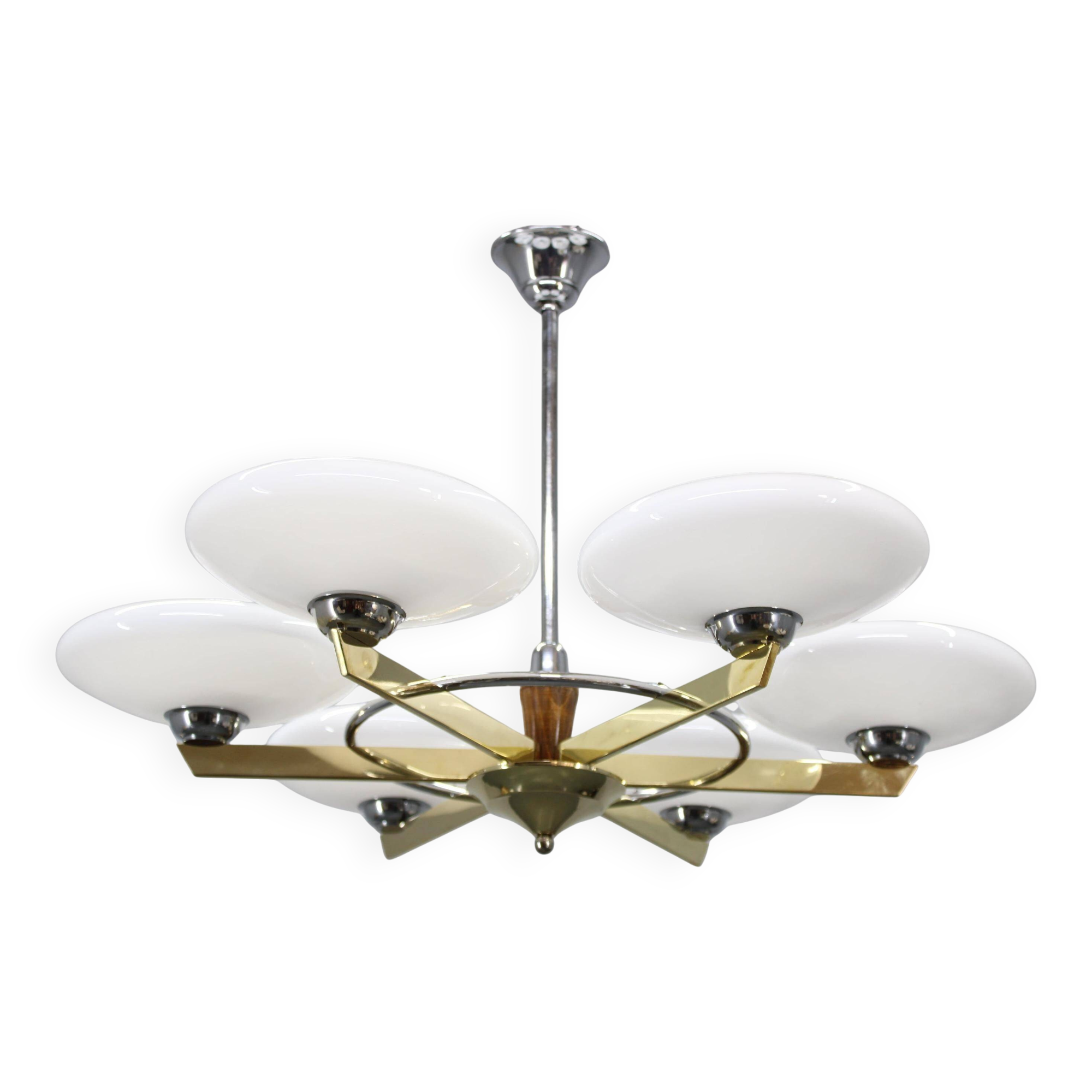 Art Deco six-light chandelier in chrome, brass and opaline glass