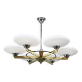 Art Deco six-light chandelier in chrome, brass and opaline glass