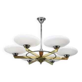 Art Deco six-light chandelier in chrome, brass and opaline glass
