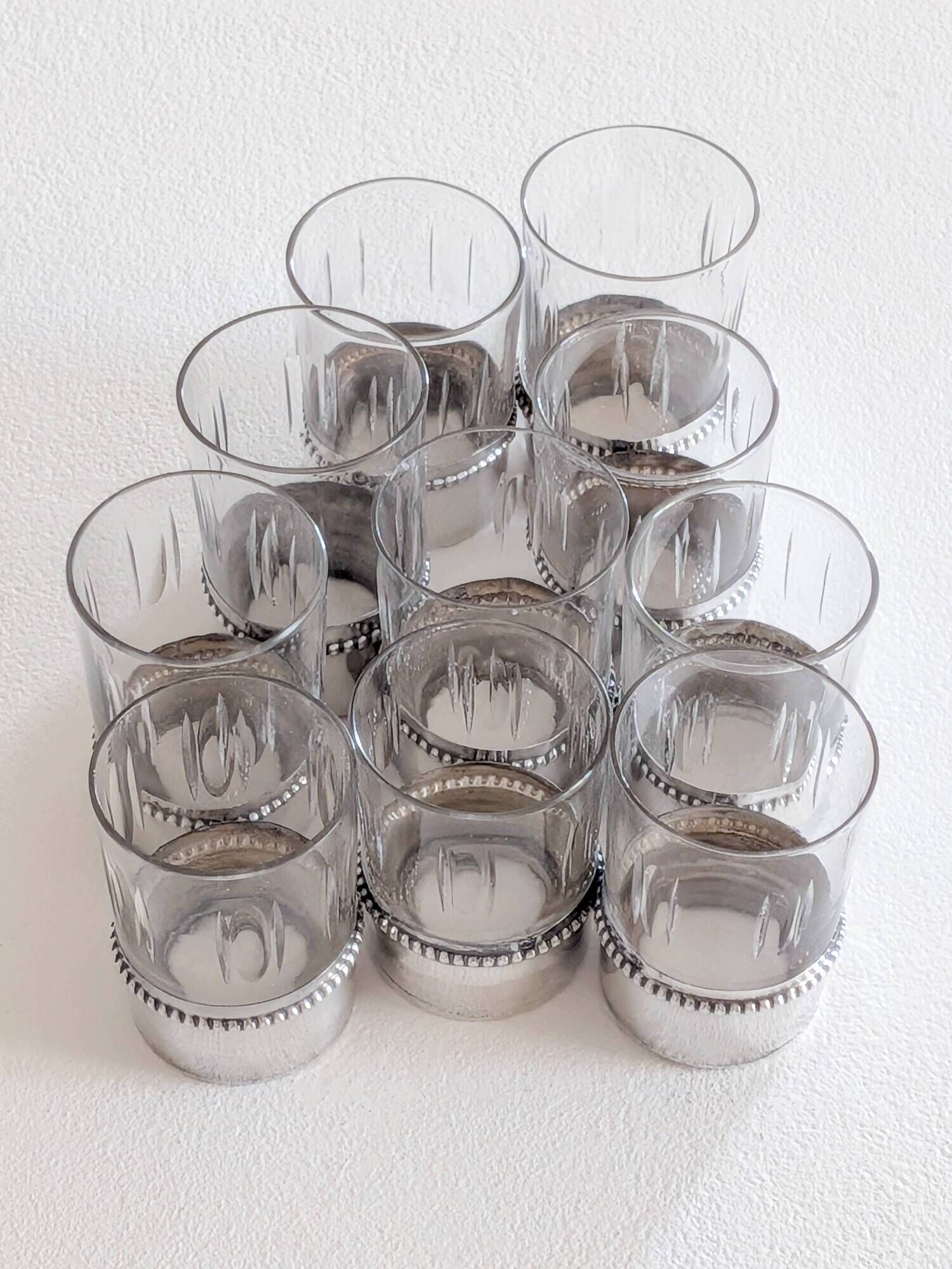 Liqueur service with 10 crystal glasses, solid silver and tray.