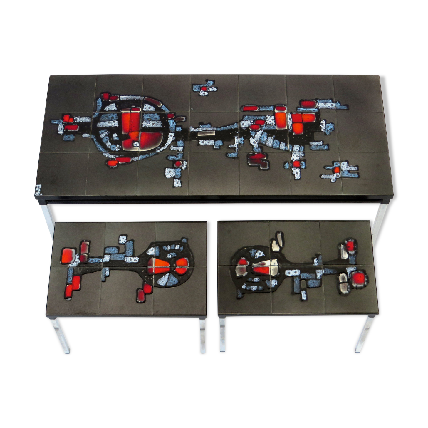 Vintage Adri Belgique ceramic nesting tables mimiset: 1 coffee table and 2 sidetables, 1960s
