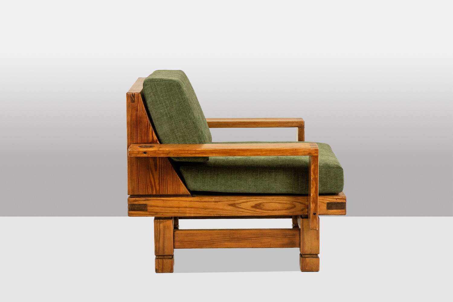 Pair of modernist style armchairs in pitch pine. 1960s.