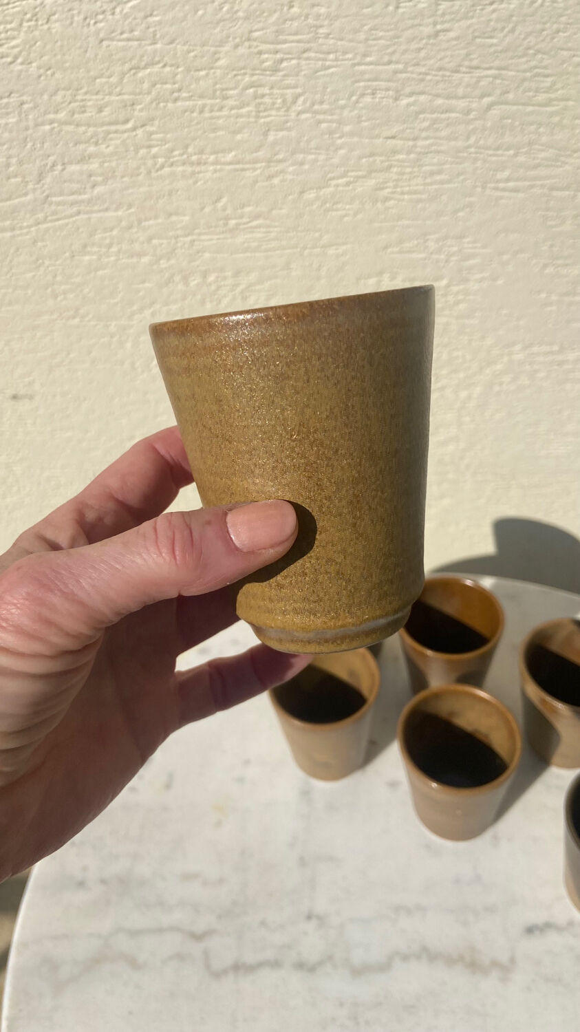 Set of 8 cups in glazed stoneware vintage Digoin 1970