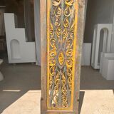 Rectangular Indonesian construction element with blue and yellow plant in carved wood