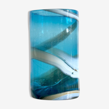 Cylindrical blue blown glass vase