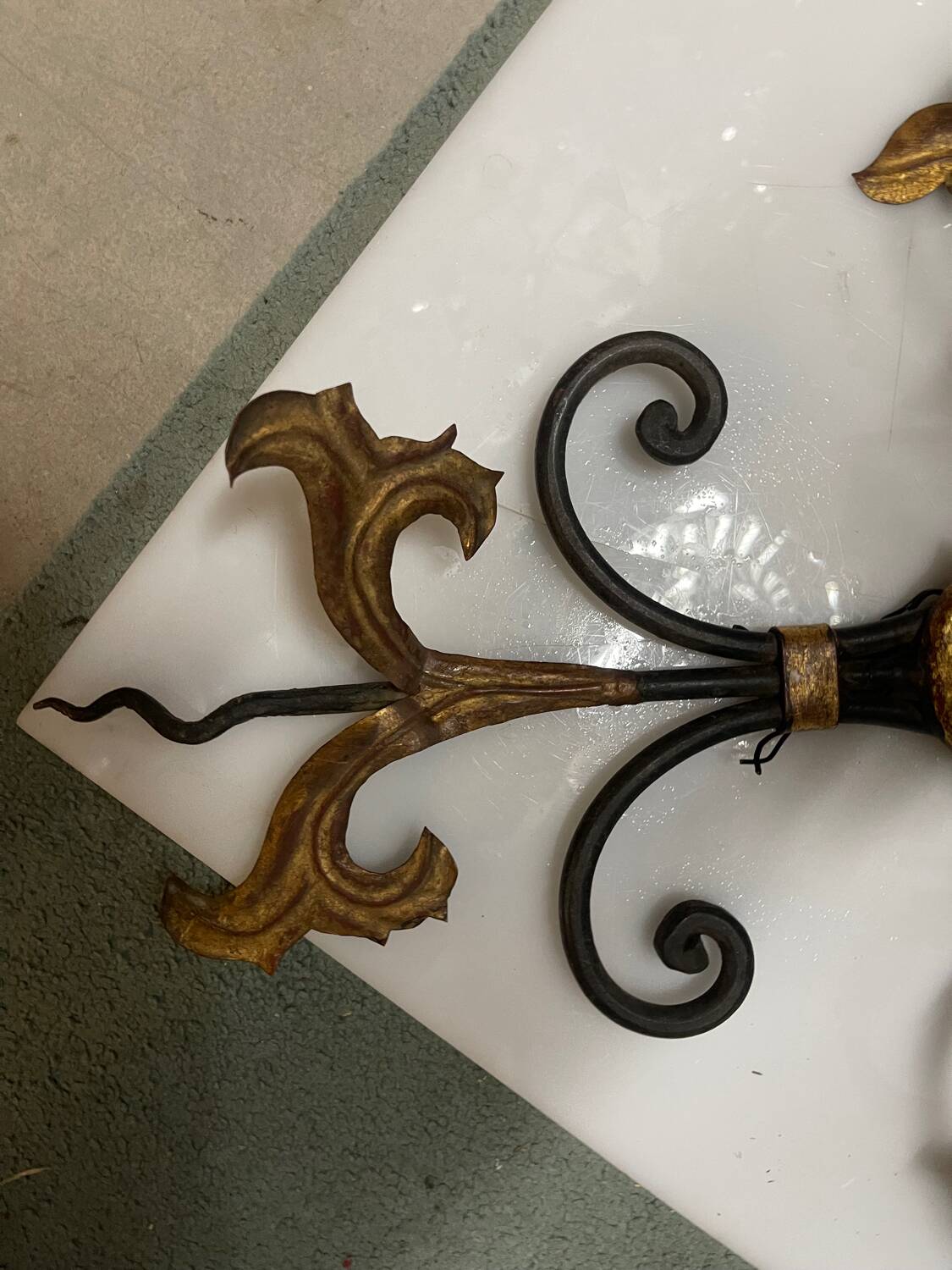 Extra Large Italian Tole Wall Light Sconce with Murano Glass Flowers