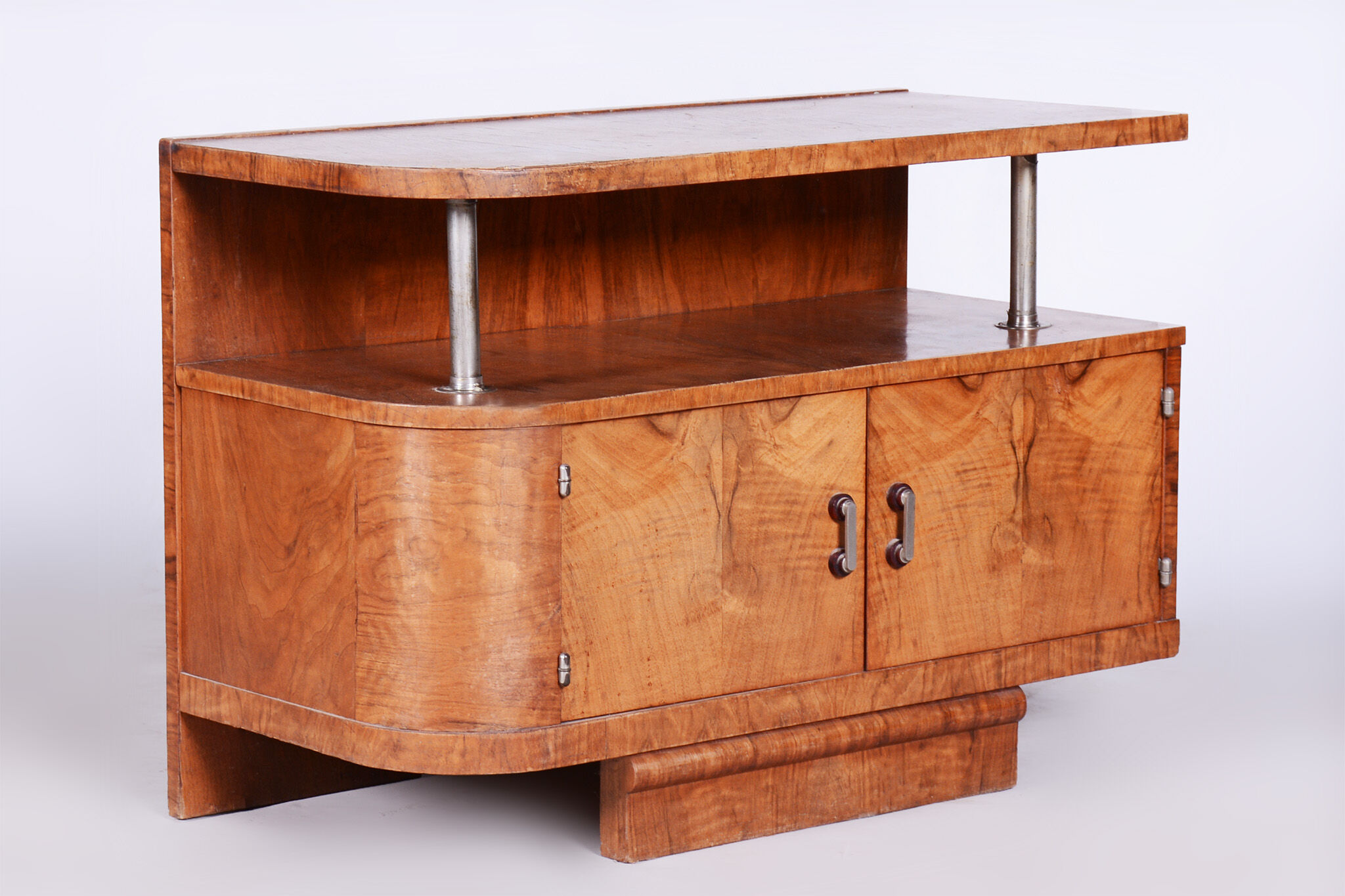 Restored walnut artdeco small cabinet, chrome-plated steel, czechia, 1930s