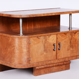 Restored walnut artdeco small cabinet, chrome-plated steel, czechia, 1930s