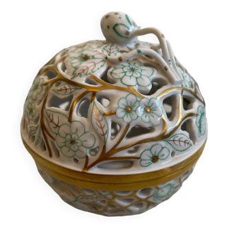 Herend Hungary hand painted round pierced porcelain lidded box.