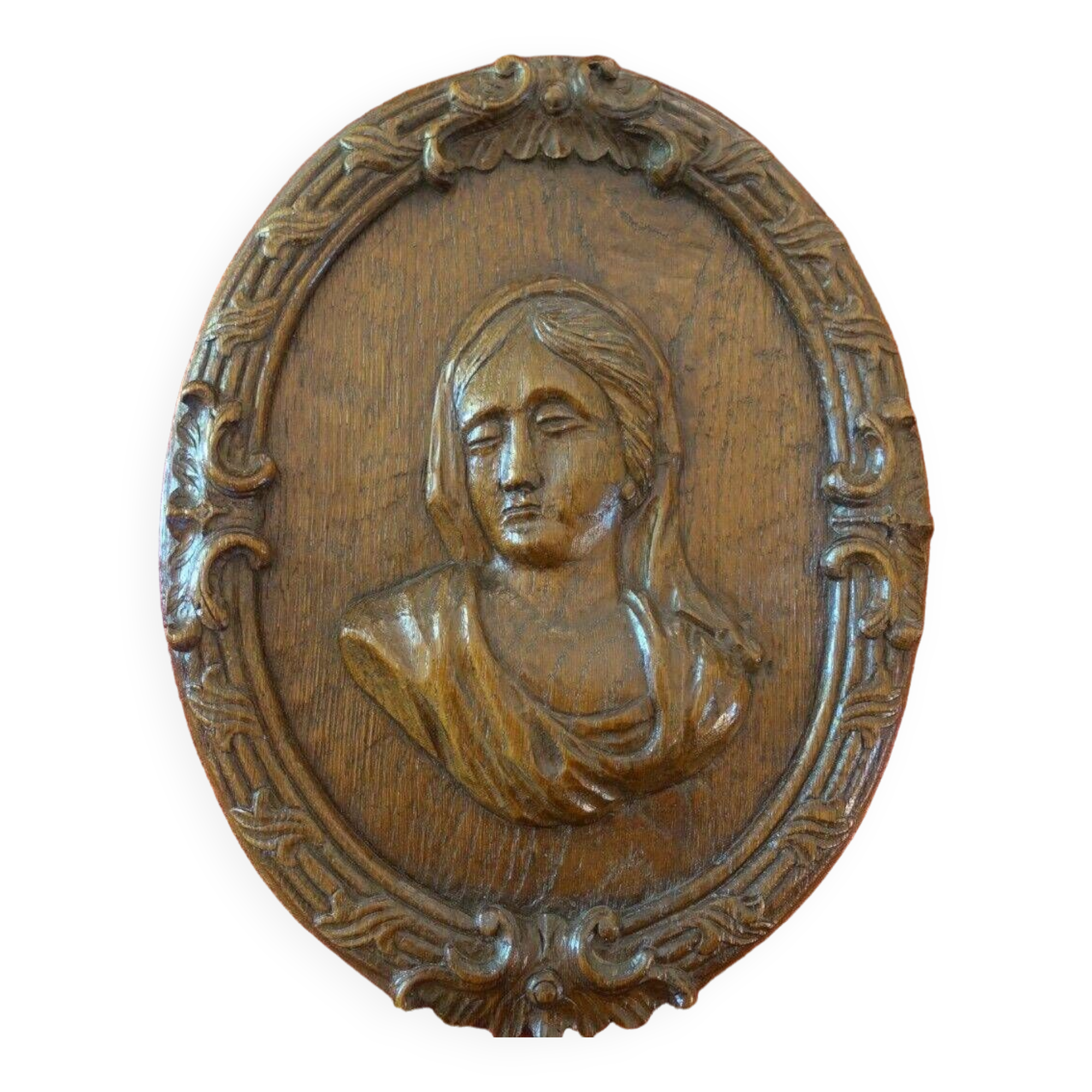 large medallion XVIII/XIX bas relief wood sculpture woman/mary