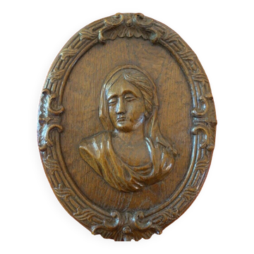 large medallion XVIII/XIX bas relief wood sculpture woman/mary