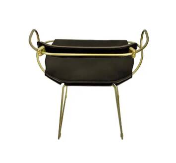 Tabouret de Bar Sculptural Contemporain avec Dossier Acier Laiton Vieilli et Cuir Bleu Marine