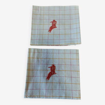Serviettes de table série de deux coton à carreaux monogramme LR 53 X 57 cm