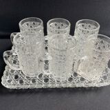 Tray and 6 mugs in blown and molded glass