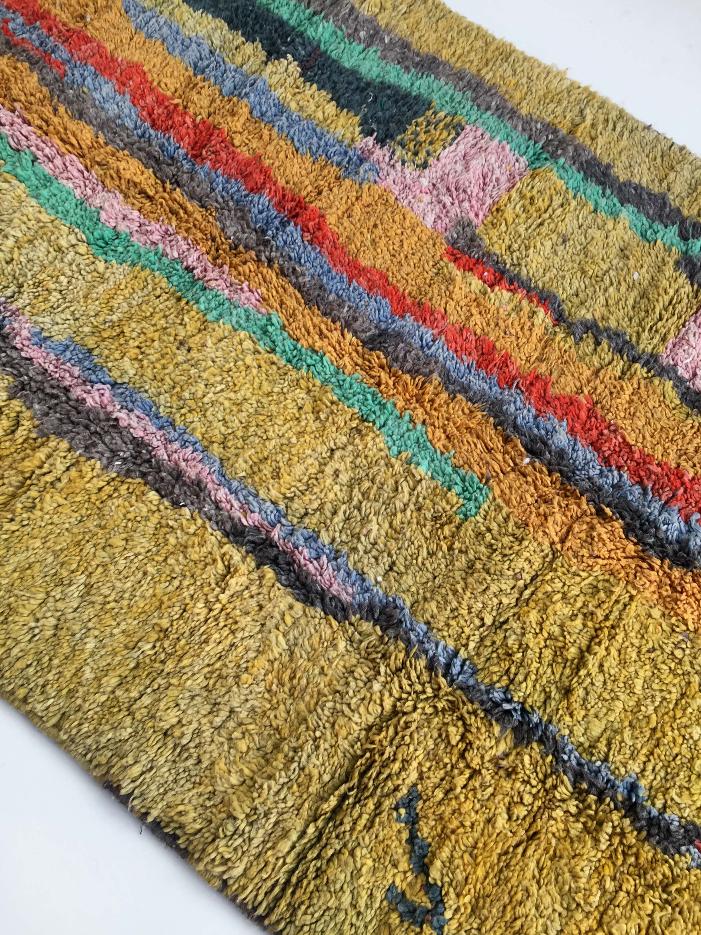 Moroccan Berber carpet Boujaad ochre with colorful patterns 253x142cm