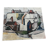 Vintage cubist modernist painting – Harbour view and architecture – Oil