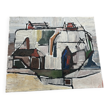 Peinture moderniste cubiste vintage – Vue de port et architecture – Huile