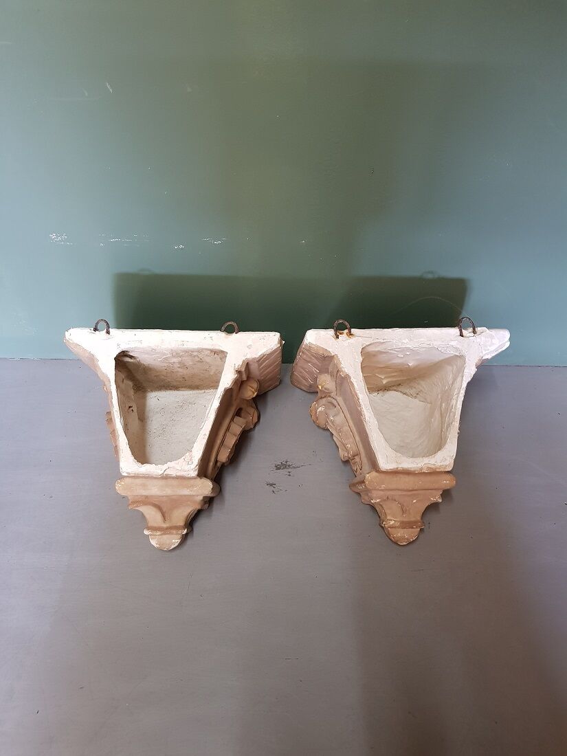 Early 20th Century French Plaster Wall Consoles In A Church Architectural Style