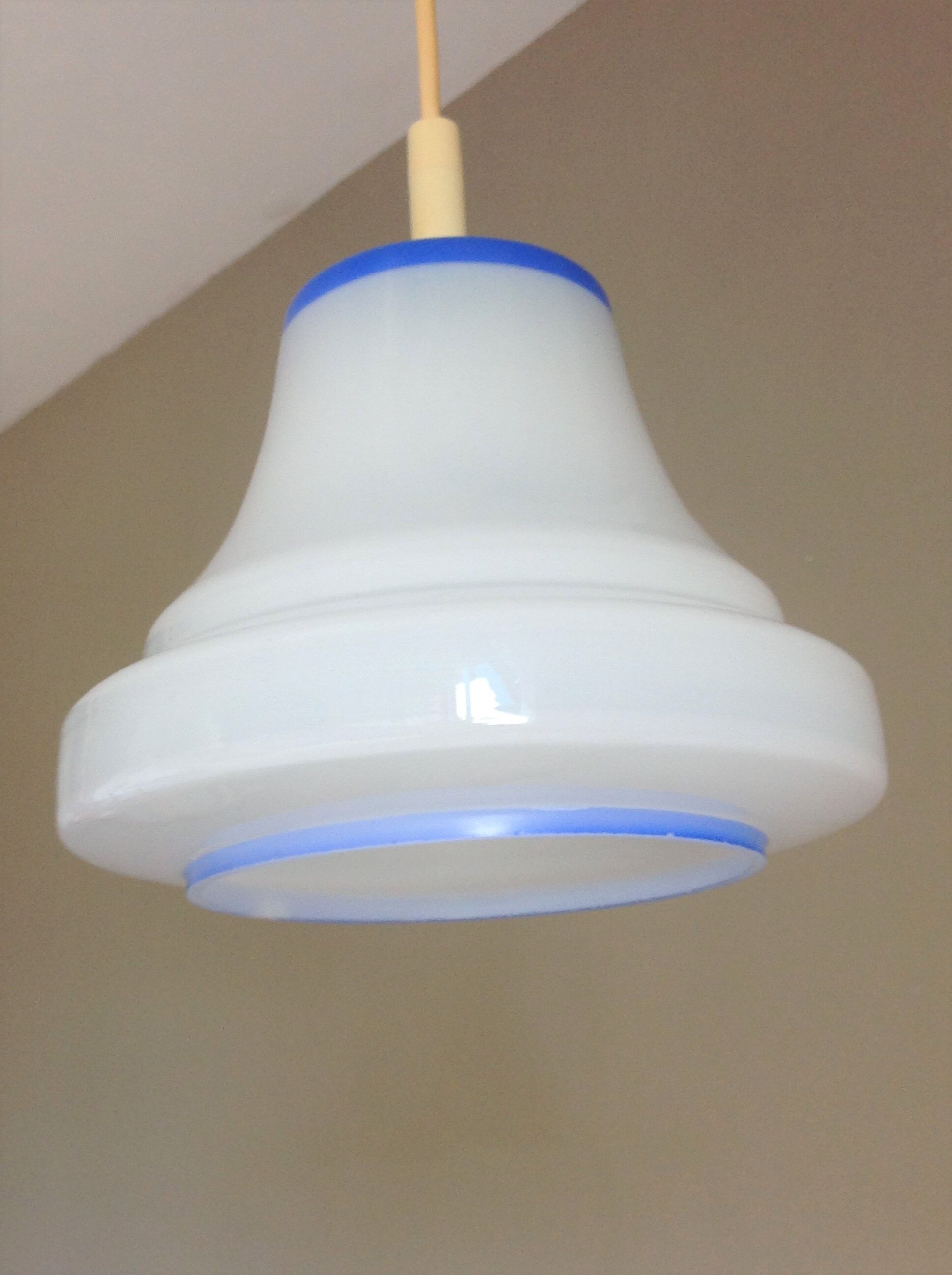 Bell hanging lamp in white and blue opaline 60s