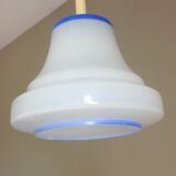 Bell hanging lamp in white and blue opaline 60s