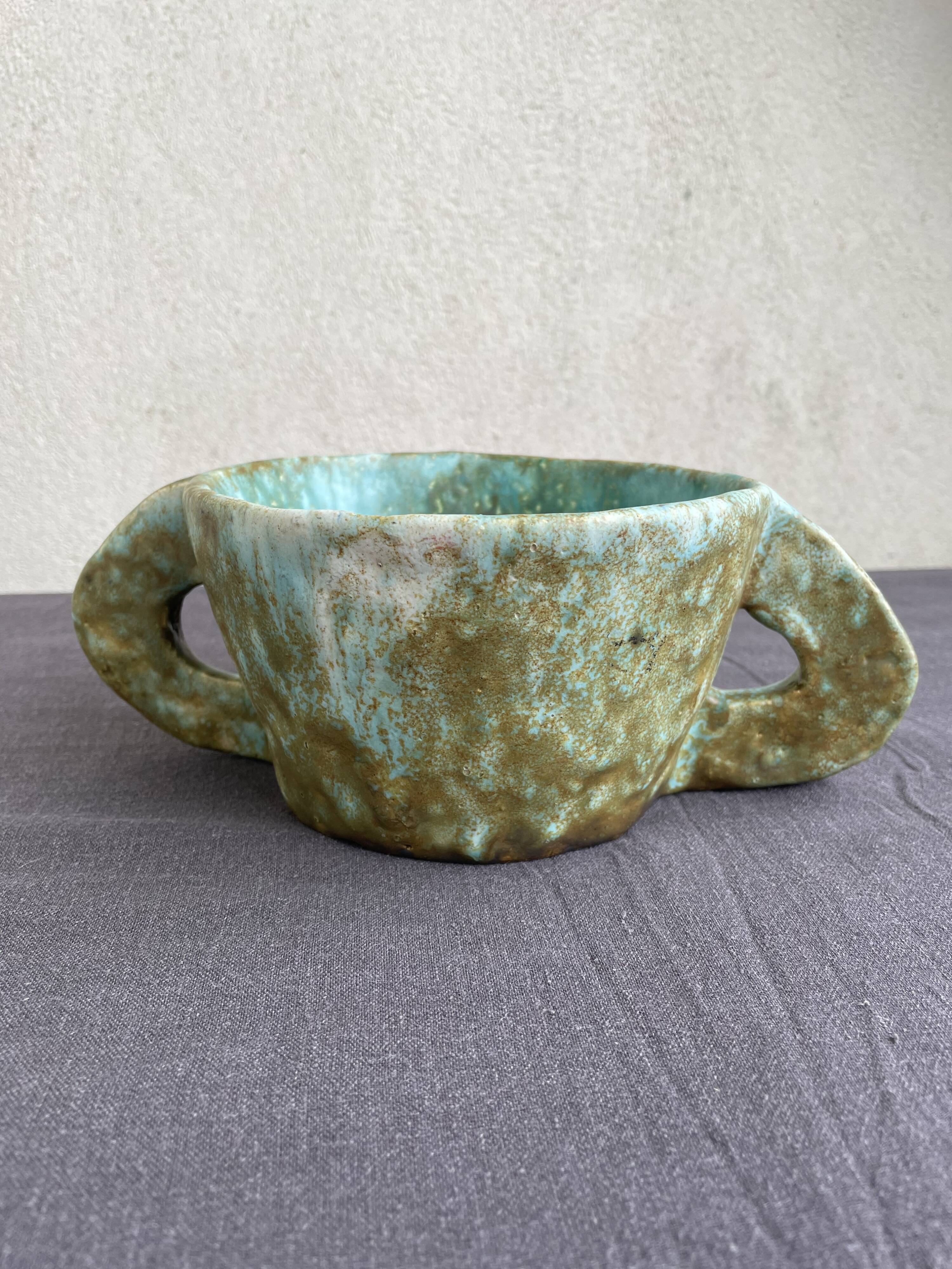 Stoneware bowl with handles, signed handmade ceramic.