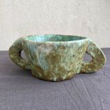 Stoneware bowl with handles, signed handmade ceramic.