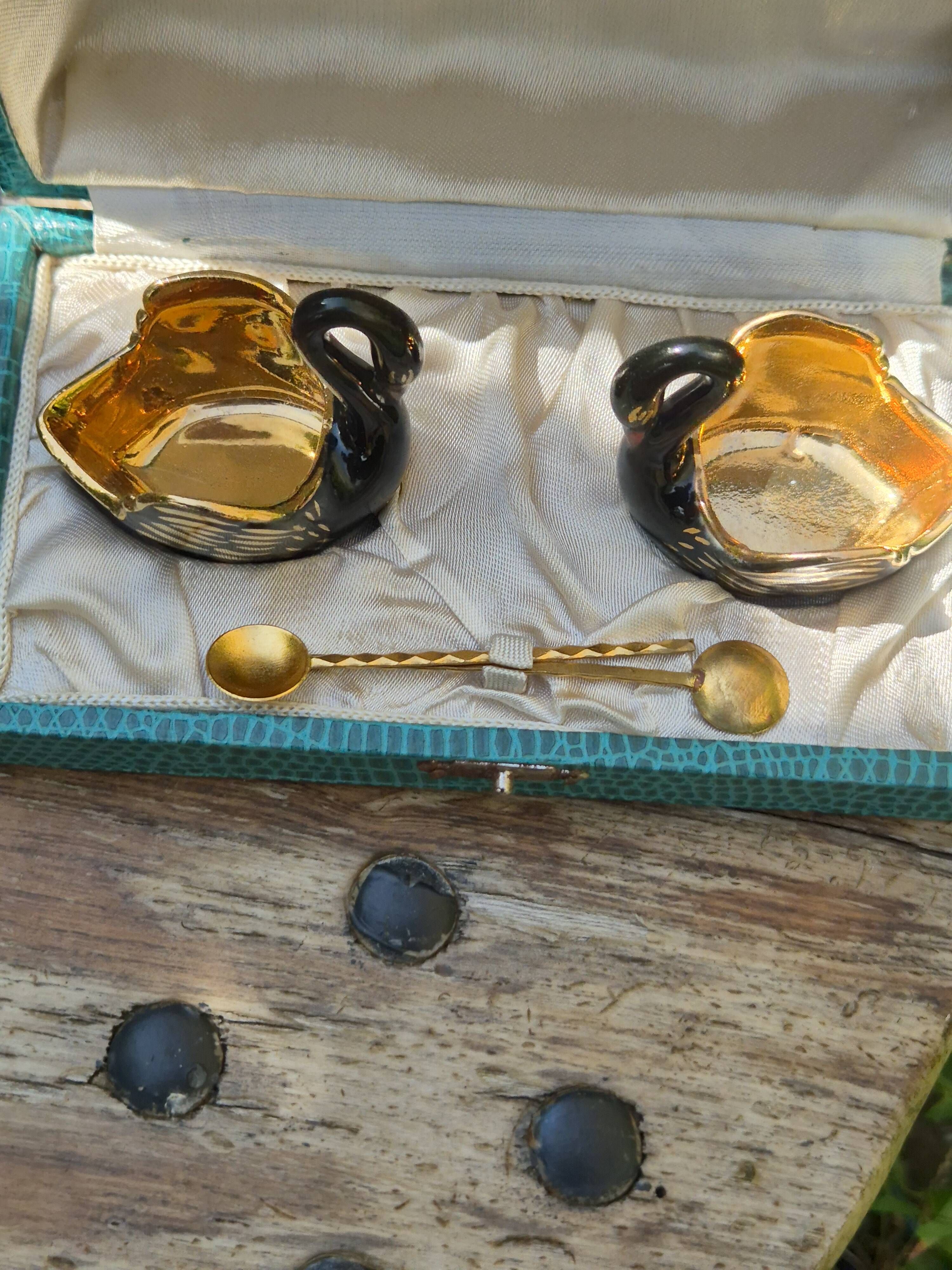 Hand-painted Porcelain Black Swan Salt Cellars Set in original box