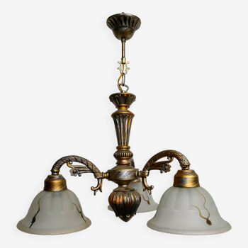3 tulip lights chandelier: metal, resin, tinted molded glass - Neo-classical style - 80's